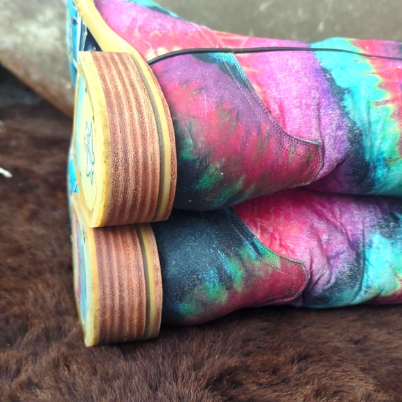 TIN HAUL "Happy Hippie" groovy rainbow tie dye leather cowgirl boots sz 6.5 EUC - Picture 14 of 16